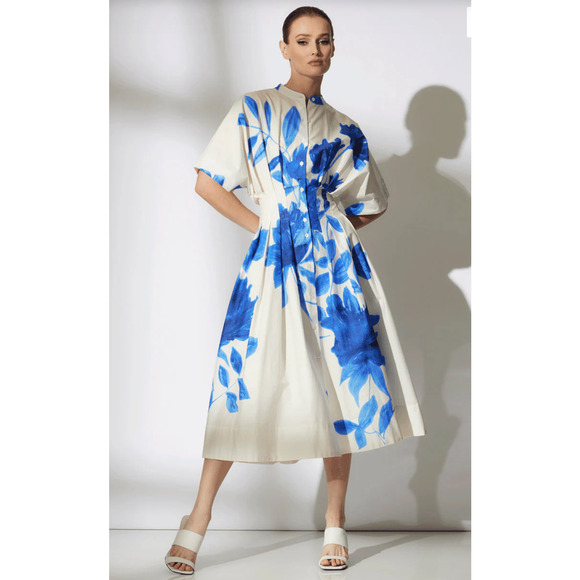 Natori Andora Printed Cotton Poplin Pleated Dress - Size 12 - Picture 1 of 11